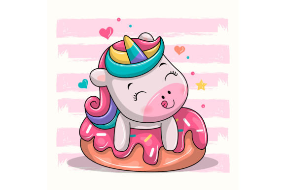 Download Cute Unicorn Sitting on Doughnut Cartoon - Premium Bundle